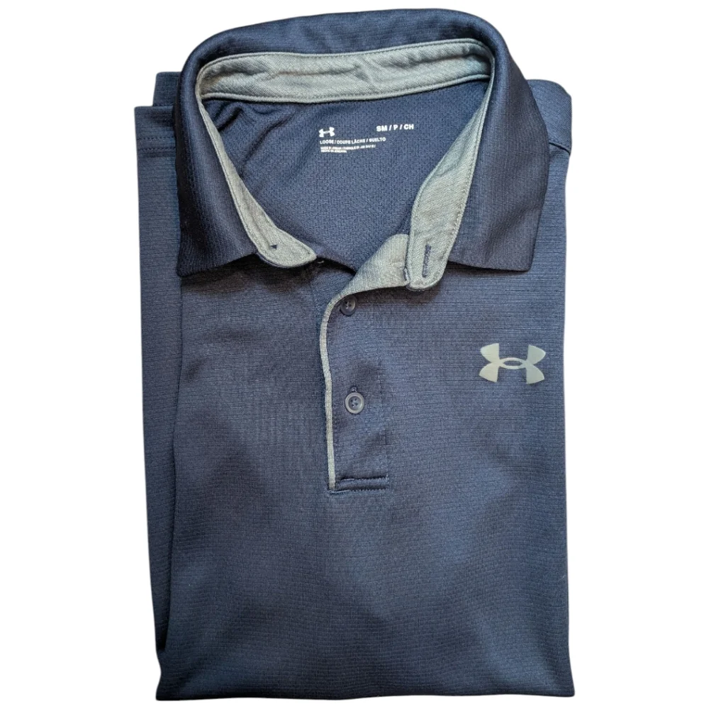 Under Armour Loose Fit Navy Blue Gray Trim Short Sleeve Polo Shirt Men's Small